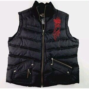 Harley Davidson Black Embroidered Zip Up Puffer Vest Women's Size XL